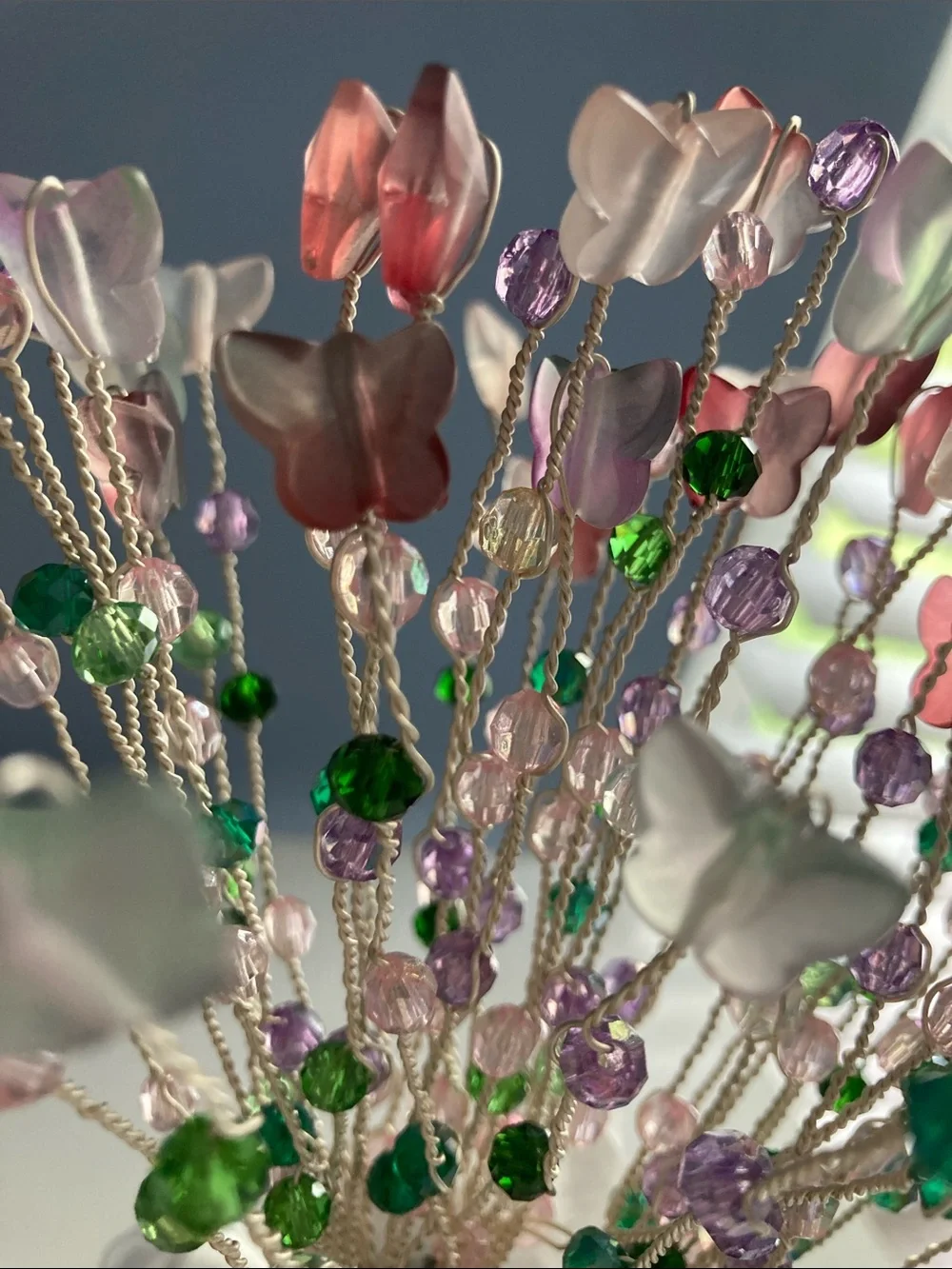 HANDMADE BUTTERFLY BOUQUET W VASE PURPLE PINK GREEN SILVER WIRE WRAPPED FLORAL